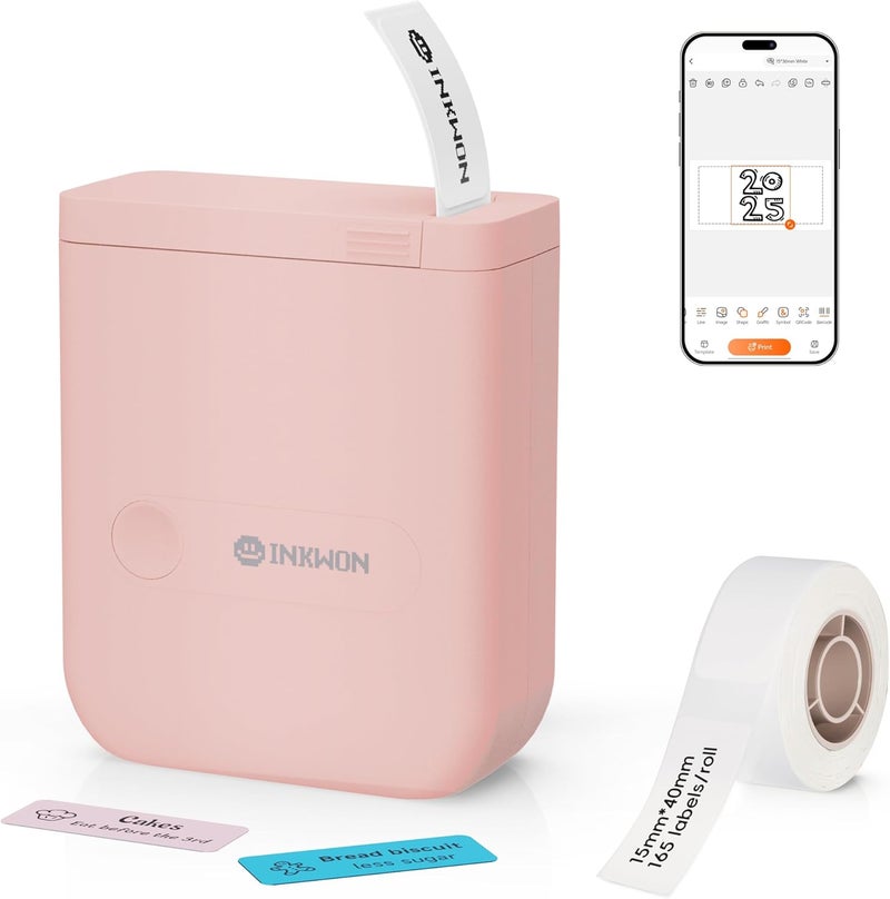 InkWon D110 Label Maker Machine with Tape, Bluetooth Mini Label Maker with Various Templates, Wireless Portable Small Label Printer for Home, Office, Schoo, Pink - Image 1